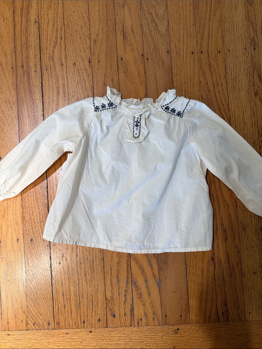 Bonpoint Cream Embroidered Ruffle Neck Girls' Top